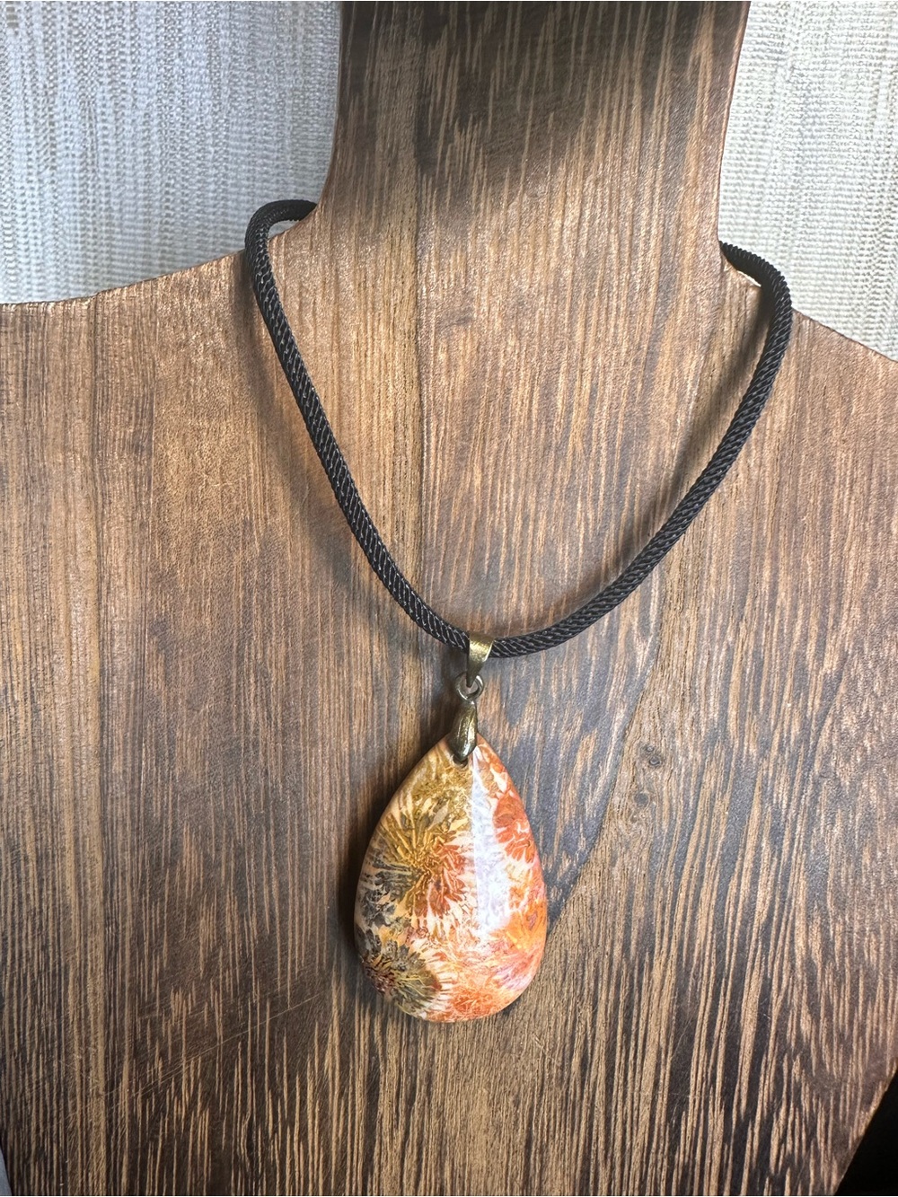 Orange and Black Coral Fossil Teardrop Pendant Necklace on Black Rope - Picture 11 of 16